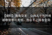【爆料】海角突发：业内人士在昨晚被曝曾参与真相，热议不止席卷全网